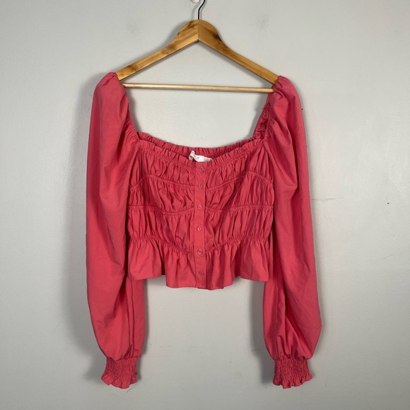 Astr the label pink smocked puff sleeve button long sleeve in pink punch size L - Picture 2 of 5